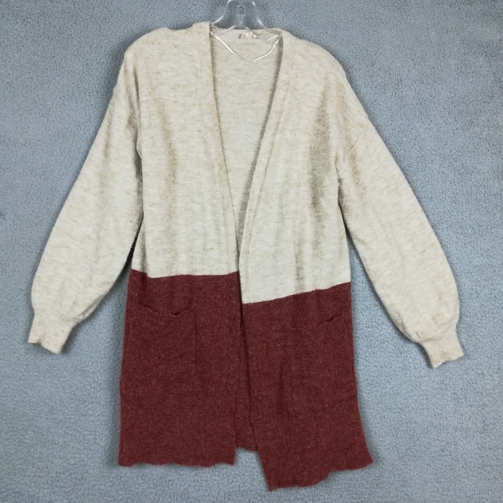 Hem & Thread Womens Cardigan Sweater Wool Blend Beige Brick Red Open Front S